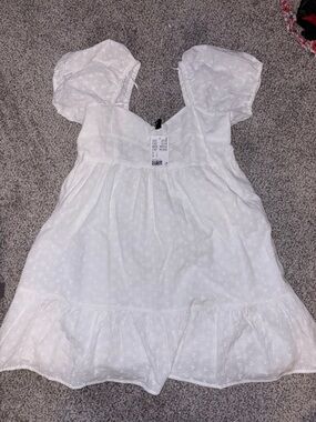 Divided White Eyelet Midi Dress with Puff Short Sleeves